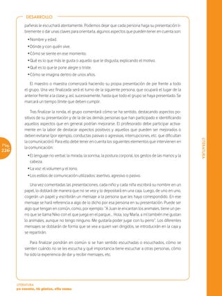 DESARROLLO

           pañeras le escuchará atentamente. Podemos dejar que cada persona haga su presentación li-
           bremente o dar unas claves para orientarla, algunos aspectos que pueden tener en cuenta son:
             Ž Nombre y edad.
             Ž Dónde y con quién vive.
             Ž Cómo se siente en ese momento.
             Ž Qué es lo que más le gusta o aquello que le disgusta, explicando el motivo.
             Ž Qué es lo que le pone alegre o triste.
             Ž Cómo se imagina dentro de unos años.

               El maestro o maestra comenzará haciendo su propia presentación de pie frente a todo
           el grupo. Una vez finalizada será el turno de la siguiente persona, que ocupará el lugar de la
           anterior frente a la clase y, así, sucesivamente, hasta que todo el grupo se haya presentado. Se
           marcará un tiempo límite que deben cumplir.

               Tras finalizar la ronda, el grupo comentará cómo se ha sentido, destacando aspectos po-
           sitivos de su presentación y de la de las demás personas que han participado e identificando
           aquellos aspectos que en general podrían mejorarse. El profesorado debe participar activa-
           mente en la labor de destacar aspectos positivos y aquellos que pueden ser mejorados o
           deben evitarse (por ejemplo, conductas pasivas o agresivas, interrupciones, etc. que dificultan




                                                                                                                 LITERATURA
           la comunicación). Para ello debe tener en cuenta los siguientes elementos que intervienen en
Pág.
           la comunicación:
226
             Ž El lenguaje no verbal: la mirada, la sonrisa, la postura corporal, los gestos de las manos y la
               cabeza.
             Ž La voz: el volumen y el tono.
             Ž Los estilos de comunicación utilizados: asertivo, agresivo o pasivo.

               Una vez comentadas las presentaciones, cada niño y cada niña escribirá su nombre en un
           papel, lo doblará de manera que no se vea y lo depositará en una caja. Luego, de uno en uno,
           cogerán un papel y escribirán un mensaje a la persona que les haya correspondido. En ese
           mensaje se hará referencia a algo de lo dicho por esa persona en su presentación. Puede ser
           algo que tengan en común, como, por ejemplo: “A Juan le encantan los animales, tiene un pe-
           rro que se llama Niko con el que juega en el parque… Hola, soy María, a mí también me gustan
           lo animales, aunque no tengo ninguno. Me gustaría poder jugar con tu perro”. Los diferentes
           mensajes se doblarán de forma que se vea a quien van dirigidos, se introducirán en la caja y
           se repartirán.

              Para finalizar pondrán en común si se han sentido escuchadas o escuchados, cómo se
           sienten cuándo no se les escucha y qué importancia tiene escuchar a otras personas, cómo
           ha sido la experiencia de dar y recibir mensajes, etc.




       LITERATURA
       yo cuento, tú pintas, ella suma
 