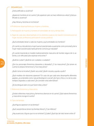 DESARROLLO

              ¿Está justificada su ausencia?

              ¿Aparecen hombres en el cuento? ¿No aparecen pero se hace referencia a ellos? ¿Está jus-
              tificada su ausencia?

              ¿Hay héroes y heroínas en la historia?

           4. Profesiones desempeñadas por mujeres y hombres.

           5. Participación de mujeres y hombres en actividades de ocio y tiempo libre.

           6. Papel de cada sexo desempeñado en los distintos espacios de relación (convivencia en el
              hogar, escolar, profesional, participación social y política):

              ¿Qué actividades llevan a cabo las mujeres y qué actividades los hombres?

              ¿El cuento va más allá de la mujer buena (caracterizada usualmente como princesa) y de la
              mujer mala (caracterizada habitualmente como bruja malvada)?

              ¿El cuento trasciende el modelo tradicionalmente masculino de hombre seguro de sí, va-
              liente y con dificultad para expresar emociones ?




                                                                                                             LITERATURA
              ¿Quiénes cuidan? ¿Quiénes son cuidadas o cuidados?
Pág.
244           ¿Son los personajes femeninos deseantes o deseados? ¿Y los masculinos? ¿Se toman en
              cuenta los deseos femeninos? ¿Y los masculinos?

              ¿Quién toma la iniciativa? ¿Quién secunda? ¿Quién rescata y ayuda a quién?

              ¿Qué modelos de relaciones aparecen? En caso de que cada sexo desempeñe diferentes
              papeles, ¿es entendido como natural (biológico) o social? ¿Se hace crítica o no de los este-
              reotipos asignados a cada sexo? ¿Se conciben otras alternativas?

              ¿Se da desigual valor a lo que hacen ellas y ellos?

           7. Referentes femeninos y masculinos:

              ¿Existen referentes masculinos y femeninos diversos en el cuento? ¿Qué valores femeninos
              y masculinos recoge el cuento?

           8. Tipos de familias:

              ¿Qué figuras aparecen en las familias?

              ¿Qué características tienen las familias felices? ¿Y las infelices?

              ¿Hay ausencias o figuras que no se nombran? ¿Cuáles? ¿Qué tipo de trato tienen entre sí?



       LITERATURA
       yo cuento, tú pintas, ella suma
 