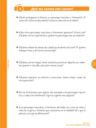 icha




             F
                  1         ¿Qué me cuenta este cuento?

             f ¿Quién protagoniza la historia, un personaje masculino o femenino? ¿Y
               cómo es?, ¿cómo lo describirías?, ¿cómo es descrito en el relato?



             f ¿Qué otros personajes, masculinos y femeninos, aparecen? ¿Cómo son?
               ¿Quiénes son los importantes y quiénes los personajes más secundarios?



             f ¿Quiénes realizan las tareas de cuidado, las de dentro de casa? ¿Y quiénes
               trabajan fuera y de forma remunerada?
LITERATURA




             f ¿Quiénes corren riesgos, tienen aventuras, practican deporte, son valien-             Pág.
               tes, quieren ir más allá y descubrir nuevas cosas?                                    247




             f ¿Quiénes expresan sus afectos y emociones, tienen miedo, cuidan de
               otras personas?



             f ¿En las ilustraciones, qué objetos van asociados a los personajes masculi-
               nos y cuáles a los femeninos?, ¿qué te sugieren esos objetos?



             f ¿Los personajes masculinos y femeninos del relato son como los niños y
               niñas, las mujeres y hombres que conocemos en la realidad? ¿En qué se
               parecen y en qué se diferencian?


                                                                                        LITERATURA
                                                                   yo cuento, tú pintas, ella suma
 