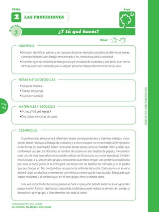 TEMA                                                                                               Área


              2       LAS PROFESIONES

             ividad
       Act




              2                                       ¿Y tú qué haces?
                                                                                        Nivel

                  OBJETIVOS

                  Ž Conocer, identificar, valorar y ser capaces de poner ejemplos sencillos de diferentes tareas,
                    correspondientes a un trabajo remunerado o no, necesarias para la sociedad.
                  Ž Entender que el concepto de trabajo incluye el trabajo de cuidados y que tanto éste como
                    otros pueden ser realizados por cualquier persona independientemente de su sexo.



                  PISTAS METODOLÓGICAS

                  Ž Juego de mímica.




                                                                                                                     CONOCIMIENTO DEL MEDIO
                  Ž Trabajo en parejas.
                  Ž Puesta en común.

Pág.
42                MATERIALES Y RECURSOS
                  Ž Fichas ¿Y tú qué haces?
                  Ž Dos bolsas y tarjetas de papel.



                  DESARROLLO

                   El profesorado seleccionará diferentes tareas correspondientes a distintos trabajos, inclu-
                yendo tareas relativas al trabajo de cuidados y a otros trabajos no remunerados (ver ejemplos
                en las fichas del alumnado). Serán necesarias tantas tareas como la mitad de niños y niñas que
                conformen la clase. Escribiremos el nombre de la tarea en dos tarjetas de papel y meteremos
                cada una de ellas en una bolsa (se pueden utilizar las fichas junto con otros ejemplos). Dividire-
                mos la clase, a su vez, en dos grupos, procurando que estos tengan una presencia equilibrada
                por sexo. A cada grupo se le entregará una bolsa con las tarjetas de cartulina y se le pedirá
                que se coloque en fila, colocándose una persona enfrente de la otra. Cada alumno y alumna
                deberá coger una tarjeta y representar con mímica la tarea que le haya tocado. Se trata de que
                sepan encontrar a la persona que, en el otro grupo, tiene la misma tarea.

                   Una vez encontradas todas las parejas se hará un pequeño debate en torno a las siguientes
                preguntas (en función del tiempo disponible, el debate puede realizarse primero en parejas y
                después en gran grupo, o directamente con toda la clase):


         CONOCIMIENTO DEL MEDIO
         yo cuento, tú pintas, ella suma
 