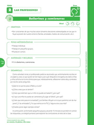 TEMA                                                                                              Área


              2         LAS PROFESIONES

             ividad
       Act




              3                             Bailarines y camioneras
                                                                                       Nivel

                  OBJETIVOS

                  Ž Ser conscientes de que muchas veces tomamos decisiones estereotipadas en las que in-
                    fluye la presión de nuestro entorno (familia, amistades, medios de comunicación, etc.).



                  PISTAS METODOLÓGICAS

                  Ž Trabajo individual.
                  Ž Trabajo en pequeños grupos.
                  Ž Puesta en común.




                                                                                                                    CONOCIMIENTO DEL MEDIO
                  MATERIALES Y RECURSOS
Pág.
                  Ž Ficha Bailarines y camioneras.
48


                  DESARROLLO

                   Como actividad inicial, el profesorado pedirá al alumnado que anónimamente escriba en
                un papel su sexo, lo que quiere ser de mayor y por qué. Después lo recogerá y les dará a niñas
                y niños la ficha con la tira cómica para que, individualmente, reflexionen sobre ella y contesten
                por escrito varias preguntas:

                  Ž ¿Qué es lo que les pasa a Pablo y a Lara?
                  Ž ¿Cómo crees que se sienten?
                  Ž ¿Crees que está bien que un niño no pueda ser bailarín?, ¿por qué?
                  Ž ¿Y que una niña no pueda ser camionera y/o jugar al fútbol?, ¿por qué?
                  Ž ¿Crees que esto pasa en la realidad? ¿Las familias influyen en lo que queremos ser de ma-
                      yores? ¿Y las amistades? ¿Y lo que vemos en la TV? ¿Y alguna otra cosa más?
                  Ž ¿Puedes poner algún ejemplo similar?

                    A continuación, se formarán pequeños grupos y durante 15 minutos se pondrán en común
                las respuestas y se elegirá portavoz para exponer las conclusiones al resto de la clase.


         CONOCIMIENTO DEL MEDIO
         yo cuento, tú pintas, ella suma
 