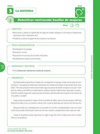TEMA                                                                                            Área


              3       LA HISTORIA

             ividad
       Act




              2          Detectives rastreando huellas de mujeres
                                                                                    ~   Nivel

                  OBJETIVOS
                  Ž Reconocer y valorar el significado de algunas huellas antiguas en el entorno (tradiciones,
                    leyendas, restos materiales, etc.).
                  Ž Visibilizar y valorar el papel de las mujeres en la Historia.


                  PISTAS METODOLÓGICAS

                  Ž Investigación en parejas.
                  Ž Puesta en común.
                  Ž Exposición en el aula y/o el centro educativo.




                                                                                                                  CONOCIMIENTO DEL MEDIO
                  Ž Posibilidad de implicar a las familias.


Pág.              MATERIALES Y RECURSOS
54
                  Ž Ficha Detectives rastreando huellas de mujeres.


                  DESARROLLO

                    El profesorado propondrá un trabajo de investigación en parejas. Cada una de ellas se con-
                vertirá en “una pareja de detectives rastreando las huellas de mujeres importantes de la loca-
                lidad”. Para ello proporcionará al alumnado algunas pistas de dónde empezar a buscar: nom-
                bres de calles y de edificios emblemáticos, estatuas, fiestas tradicionales, leyendas, museos…
                También podrán preguntar a personas de su familia. ¿Dónde están las mujeres en la historia de
                mi pueblo o ciudad?

                   Cada pareja recopilará el mayor número posible de datos acerca de personajes históricos
                femeninos, tales como: el nombre, cuándo vivió, a qué se dedicaba, por qué se hizo famosa, etc.

                    Después todas las investigaciones se pondrán en común, completándose unas con otras
                si han encontrado información sobre las mismas mujeres o ampliando la lista cada vez más.

                   Luego el resultado puede exponerse en algún lugar del centro visible para otros compa-
                ñeros y compañeras.




         CONOCIMIENTO DEL MEDIO
         yo cuento, tú pintas, ella suma
 