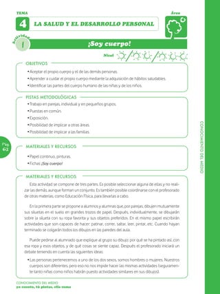 TEMA                                                                                               Área


              4         LA SALUD Y EL DESARROLLO PERSONAL

             ividad
       Act




               1                                           ¡Soy cuerpo!
                                                                   Nivel

                   OBJETIVOS
                    Ž Aceptar el propio cuerpo y el de las demás personas.
                    Ž Aprender a cuidar el propio cuerpo mediante la adquisición de hábitos saludables.
                    Ž Identificar las partes del cuerpo humano de las niñas y de los niños.

                   PISTAS METODOLÓGICAS
                    Ž Trabajo en parejas, individual y en pequeños grupos.
                    Ž Puestas en común.
                    Ž Exposición.




                                                                                                                     CONOCIMIENTO DEL MEDIO
                    Ž Posibilidad de implicar a otras áreas.
                    Ž Posibilidad de implicar a las familias.

Pág.
                   MATERIALES Y RECURSOS
62
                    Ž Papel continuo, pinturas.
                    Ž Fichas ¡Soy cuerpo!

                   MATERIALES Y RECURSOS
                      Esta actividad se compone de tres partes. Es posible seleccionar alguna de ellas y no reali-
                   zar las demás, aunque forman un conjunto. Es también posible coordinarse con el profesorado
                   de otras materias, como Educación Física, para llevarlas a cabo.

                      En la primera parte se propone a alumnos y alumnas que, por parejas, dibujen mutuamente
                   sus siluetas en el suelo en grandes trozos de papel. Después, individualmente, se dibujarán
                   sobre la silueta con su ropa favorita y sus objetos preferidos. En el mismo papel escribirán
                   actividades que son capaces de hacer: patinar, correr, saltar, leer, pintar, etc. Cuando hayan
                   terminado se colgarán todos los dibujos en las paredes del aula.

                      Puede pedirse al alumnado que explique al grupo su dibujo: por qué se ha pintado así, con
                   esa ropa y esos objetos, y de qué cosas se siente capaz. Después el profesorado iniciará un
                   debate teniendo en cuenta las siguientes ideas:
                    Ž Las personas pertenecemos a uno de los dos sexos, somos hombres o mujeres. Nuestros
                      cuerpos son diferentes, pero eso no nos impide hacer las mismas actividades (seguramen-
                      te tanto niñas como niños habrán puesto actividades similares en sus dibujos).

         CONOCIMIENTO DEL MEDIO
         yo cuento, tú pintas, ella suma
 