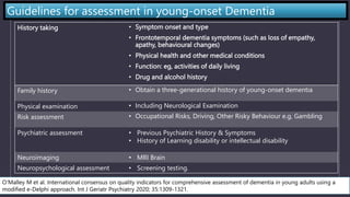 History taking • Symptom onset and type
• Frontotemporal dementia symptoms (such as loss of empathy,
apathy, behavioural changes)
• Physical health and other medical conditions
• Function: eg, activities of daily living
• Drug and alcohol history
Family history • Obtain a three-generational history of young-onset dementia
Physical examination • Including Neurological Examination
Risk assessment • Occupational Risks, Driving, Other Risky Behaviour e.g, Gambling
Psychiatric assessment • Previous Psychiatric History & Symptoms
• History of Learning disability or intellectual disability
Neuroimaging • MRI Brain
Neuropsychological assessment • Screening testing.
Guidelines for assessment in young-onset Dementia
O’Malley M et al. International consensus on quality indicators for comprehensive assessment of dementia in young adults using a
modified e-Delphi approach. Int J Geriatr Psychiatry 2020; 35:1309-1321.
 