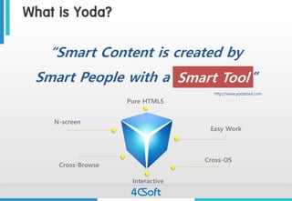 What is Yoda? 
“Smart Content is created by 
Smart People with aSmart Tool!” 
Smart Tool 
http://www.yodatool.com 
Cross-OS 
Cross-Browse 
Interactive 
N-screen 
Easy Work 
Pure HTML5  
