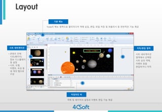 Layout 
기본메뉴 
Yoda의메뉴영역으로멀티미디어객체삽입,편집, 파일저장및퍼블리시등전반적인기능제공 
시트네비게이션 
•콘텐츠전체시트(페이지) 정보디스플레이및설정 
•시트, 도형, 이벤트, 속성등네개의탭으로구성 
타임라인바 
객체및레이어의설정과이벤트편집기능제공 
저작/편집영역 
시트네비게이션영역에서선택한시트상의객체, 이벤트등을편집하거나저작  