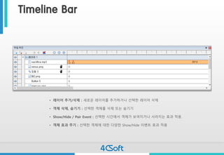 Timeline Bar 
•레이어추가/삭제: 새로운레이어를추가하거나선택한레이어삭제 
•객체삭제, 숨기기: 선택한객체를삭제또는숨기기 
•Show/Hide / Pair Event : 선택한시간에서객체가보여지거나사라지는효과적용. 
•객체효과주기: 선택한객체에대한다양한Show/Hide 이벤트효과적용  