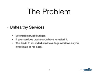 2015
The Problem
• Unhealthy Services 
• Extended service outages.
• If your services crashes you have to restart it.
• This leads to extended service outage windows as you
investigate or roll back.
20
 
