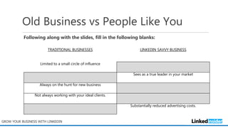 Old Business vs People Like You
Following along with the slides, fill in the following blanks:
GROW YOUR BUSINESS WITH LINKEDIN
TRADITIONAL BUSINESSES LINKEDIN SAVVY BUSINESS
Limited to a small circle of influence
Sees as a true leader in your market
Always on the hunt for new business
Not always working with your ideal clients.
Substantially reduced advertising costs.
 