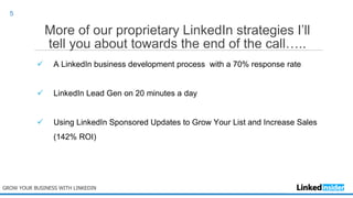 More of our proprietary LinkedIn strategies I’ll
tell you about towards the end of the call…..
 A LinkedIn business development process with a 70% response rate
 LinkedIn Lead Gen on 20 minutes a day
 Using LinkedIn Sponsored Updates to Grow Your List and Increase Sales
(142% ROI)
GROW YOUR BUSINESS WITH LINKEDIN
5
 