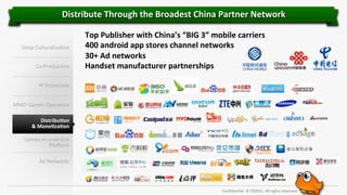 Distribute	
  Through	
  the	
  Broadest	
  China	
  Partner	
  Network	
  
Deep	
  Culturaliza'on	
  
Co-­‐Produc'on	
  

Top	
  Publisher	
  with	
  China’s	
  “BIG	
  3”	
  mobile	
  carriers	
  
400	
  android	
  app	
  stores	
  channel	
  networks	
  
30+	
  Ad	
  networks	
  
Handset	
  manufacturer	
  partnerships	
  

IP	
  Protec'on	
  
MMO	
  Games	
  Opera'on	
  
Distribu]on	
  	
  
&	
  Mone]za]on	
  
Games	
  as-­‐a-­‐service	
  
PlaRorm	
  
Ad	
  Networks	
  

Conﬁden'al.	
  ©	
  YODO1.	
  All	
  rights	
  reserved.	
  

 