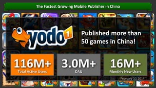 The	
  Fastest	
  Growing	
  Mobile	
  Publisher	
  in	
  China	
  

Published	
  more	
  than	
  
50	
  games	
  in	
  China!	
  

116M+	
   3.0M+	
   16M+	
  
Total	
  Ac]ve	
  Users	
  

DAU	
  

Monthly	
  New	
  Users	
  

February	
  10,	
  2014	
  
Conﬁden'al.	
  ©	
  YODO1.	
  All	
  rights	
  reserved.	
  

 