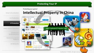 Protec]ng	
  Your	
  IP	
  
Protec'ng	
  your	
  games’	
  	
  
Deep	
  Culturaliza'on	
  

Intellectual	
  Property	
  in	
  China

Co-­‐Produc'on	
  
IP	
  Protec]on	
  
MMO	
  Games	
  Opera'on	
  

Yodo1’s	
  Dedicated	
  IP	
  Protec]on	
  Team	
  

Distribu'on	
  	
  
&	
  Mone'za'on	
  
Games	
  as-­‐a-­‐service	
  
PlaRorm	
  
Ad	
  Networks	
  

Conﬁden'al.	
  ©	
  YODO1.	
  All	
  rights	
  reserved.	
  

 