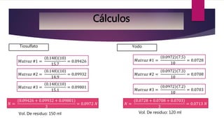 Cálculos
Tiosulfato
𝑀𝑎𝑡𝑟𝑎𝑧 #1 =
0.148 10
15.7
= 0.09426
𝑀𝑎𝑡𝑟𝑎𝑧 #2 =
0.148 10
14.9
= 0.09932
𝑀𝑎𝑡𝑟𝑎𝑧 #3 =
0.148 10
15.1
= 0.09801
𝑁 =
(0.09426 + 0.09932 + 0.09801)
3
= 0.0972 𝑁
Yodo
𝑀𝑎𝑡𝑟𝑎𝑧 #1 =
0.0972 7.5
10
= 0.0728
𝑀𝑎𝑡𝑟𝑎𝑧 #2 =
0.0972 7.3
10
= 0.0708
𝑀𝑎𝑡𝑟𝑎𝑧 #3 =
0.0972 7.2
10
= 0.0703
𝑁 =
(0.0728 + 0.0708 + 0.0703)
3
= 0.0713 𝑁
Vol. De residuo: 150 ml Vol. De residuo: 120 ml
 