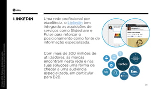 © Fullsix 2014. Todos os direitos reservados. 
Proibida a reprodução total ou parcial não autorizada 
Uma rede profissional por 
excelência, o Linkedin tem 
integrado as aquisições de 
serviços como Slideshare e 
Pulse para reforçar o 
posicionamento como fonte de 
informação especializada. 
Com mais de 300 milhões de 
utilizadores, as marcas 
encontram nesta rede e nas 
suas soluções uma forma de 
chegar a uma audiência 
especializada, em particular 
para B2B. 
28 
LINKEDIN 
 