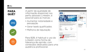 © Fullsix 2014. Todos os direitos reservados. 
Proibida a reprodução total ou parcial não autorizada 
A partir da qualidade de 
informação disponível nos 
perfis pessoais Linkedin, é 
possível para as marcas: 
• Aumentar notoriedade e 
percepção 
• Gerar leads qualificados 
• Melhoria de reputação 
Para B2B, é habitual o uso do 
Linkedin como forma de 
liderança de opinião, com 
conteúdos dedicados para uma 
audiência profissional. 
29 
PARA 
QUÊ? 
 
