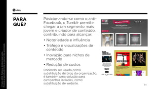 © Fullsix 2014. Todos os direitos reservados. 
Proibida a reprodução total ou parcial não autorizada 
Posicionando-se como o anti- 
Facebook, o Tumblr permite 
chegar a um segmento mais 
jovem e criador de conteúdo, 
contribuindo para alcançar: 
• Notoriedade e influência 
• Tráfego e visualizações de 
conteúdo 
• Inovação para nichos de 
mercado 
• Redução de custos 
Podendo ser usado como 
substituição de blog da organização, 
é também uma solução para 
campanhas isoladas, como 
substituição de website. 34 
PARA 
QUÊ? 
 