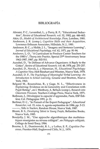 BIBLIOGRAFÍA
Abrami, P. c., Leventhal, L., y Perry, R. P., "Educational Seduc-
tion", Review of Educational Research, vol. 52, 1982, pp. 446-462.
Akin, O., Models of Architectural Knowledge, Pion, Londres, 1981.
Anderson, J. R. (comp.), Cognitive Skills and their Acquisition,
Lawrence Erlbaum Associates, Hillsdale, N. J., 1981.
Anderson, R. c.,y Hidde, J. L., "Imagery and Sentence Learning",
¡ournal of Educational Psychology, vol. 62, 1971, pp. 81-94.
Andrews, L. O., "A Curriculum to Produce Career Teachers for
the 1980's", Theory ínto Practíce, Special25th Anniversary Issue
1962-1987,1987, pp. 502-511.
Ausubel, D., "In Defense of Advance Organizers: A Reply to the
Critics", Review of Educational Research, vol. 48, 1978,pp. 251-257.
Ausubel, D., Novak, Ly Hanesian, H., Educational Psychology:
A Cognitive View, Holt Rinehart and Winston, Nueva York, 1978.
Ausubel, D. P., The Psychology of Mea n ingfu l Verbal Learning: Aiz
Introduction to School Learning, Gruene and Stratton, Nueva
York, 1963.
Belgard M., Rosenshine, B., y Gage, N. L., "Effectiveness in
.Explaining: Evidence on its Generality and Correlation with·
Pupil Rating", en 1.Westbury, A. Bellack (comp.), Research into
Classroom Processes, Teachers College Press, Nueva York, 1971.
Berbaum, LDévelopper la capacité d'apprendre, París, ESF Édi-
teurí Col. Pédagogies 1991, p. 21.
Berliner, D. c., "In Pursuit of the Expert Pedagogue", Educational
Researcher, vol. 15, núm. 6, agosto-septiembre de 1986, pp. 5-13.
--o -, Talks to Teachers, Random House, Nueva York, 1987.
Bloom, B. S., Developing Talent in Young People, Ballantine Books,
Nueva York, 1985.
Bourjolly, J. M., "Une approche algorithmique des mathéma-
tiques enseignées au niveau collégial", en Pédagogie collégiale,
College de Sorel-Tracy, 1984.
Bourne, L. E., Dominowski, R. L., Y Loftus, E. F., Cognitive Pro-
cesses, Prentice-Hall, Englewood Cliffs, N. J., 1979.
171
 