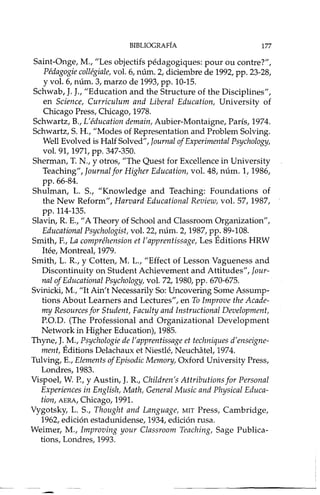 BIBLIOGRAFÍA 177
Saint-Onge, M., "Les objectifs pédagogiques: pour ou contre?",
Pédagogie collégiale, vol. 6, núm. 2, diciembre de 1992, pp. 23-28,
Yvol. 6, núm. 3, marzo de 1993, pp. 10-15.
Schwab, J. J., "Education and the Structure of the Disciplines",
en Science, Curriculum and Liberal Education, University of
Chicago Press, Chicago, 1978.
Schwartz, B., L'éducation demain, Aubier-Montaigne, París, 1974.
Schwartz, S. H., "Modes of Representation and Problem Solving.
Well Evolved is Half Solved", Joumal of Experimental Psychology,
vol. 91, 1971, pp. 347-350.
Sherman, T. N., Yotros, "The Quest for Excellence in University
Teaching", Joumal for Higher Education, vol. 48, núm. 1,1986,
pp. 66-84.
Shulman, L. S., "Knowledge and Teaching: Foundations of
the New Reform", Harvard Educational Review, vol. 57, 1987,
pp. 114-135.
Slavin, R. E., "A Theory of School and Classroom Organization",
Educational Psychologist, vol. 22, núm. 2, 1987, pp. 89-108.
Smith, F., La compréhension et l'apprentissage, Les Éditions HRW
Itée, Montreal, 1979.
Smith, L. R., Y Cotten, M. L., "Effect of Lesson Vagueness and
Discontinuity on Student Achievement and Attitudes", Jour-
nal of Educational Psychology, vol. 72, 1980, pp. 670-675.
Svinicki, M., "It Ain't NecessarilySo: Uncovering Some Assump-
tions About Learners and Lectures", en To Improve the Acade-
my Resources for Student, Faculty and Instructional Development,
P.O.D. (The Professional and Organizational Development
Network in Higher Education), 1985.
Thyne, J. M., Psychologie de l'apprentissage et techniques d'enseigne-
ment, Éditions Delachaux et Niestlé, Neuchátel, 1974.
Tulving, E., Elements of Episodic Memory, Oxford University Press,
Londres, 1983.
Vispoel, W. P., y Austin, J. R., Children's Attributions for Personal
Experiences in English, Math, General Music and Physical Educa-
tion, AERA, Chicago, 1991.
Vygotsky, L. S., Thought and Language, MIT Press, Cambridge,
1962, edición estadunidense, 1934, edición rusa.
Weimer, M., Improving your Classroom Teaching, Sage Publica-
tions, Londres, 1993.
 