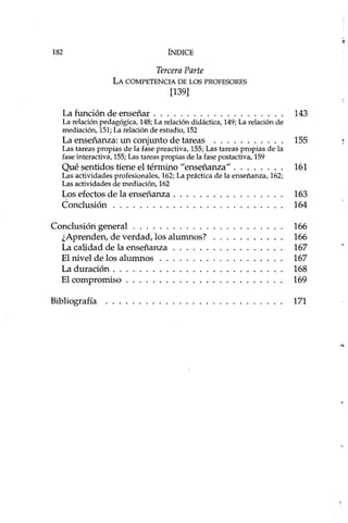 182 ÍNDICE
Tercera Parte
LA COMPETENCIA DE LOS PROFESORES
[139]
La función de enseñar .
La relación pedagógica, 148; La relación didáctica, 149; La relación de
mediación, 151; La relación de estudio, 152
La enseñanza: un conjunto de tareas .
Las tareas propias de la fase preactiva, 155; Las tareas propias de la
fase interactiva, 155; Las tareas propias de la fase postactiva, 159
Qué sentidos tiene el término "enseñanza" .
Las actividades profesionales, 162; La práctica de la enseñanza, 162;
Las actividades de mediación, 162
Los efectos de la enseñanza .
Conclusión .
Conclusión general .
¿Aprenden, de verdad, los alumnos?
La calidad de la enseñanza
El nivel de los alumnos
La duración ..
El compromiso
BibliograHa
143
155161163
164
166
166167167168169
171
 
