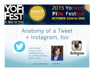 Anatomy of a Tweet
+ Instagram, too
Joyce	
  Sullivan	
  
Founder	
  /	
  CEO	
  
SocMediaFin.com	
  
Social	
  Media	
  Strategy	
  
April	
  21,	
  2015	
  
@JoyceMSullivan	
  	
  	
  	
  	
  	
  	
  	
  	
  #YoFiFest	
  
 