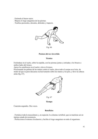 82
. Estimula el hueso sacro.
. Mejora el riego sanguíneo de las piernas.
. Tonifica pectorales, dorsales, deltoides y trapecio.
Fig. 66
Postura del ave invertida
Técnica
Extiéndase en el suelo, sobre la espalda, con las piernas juntas y estiradas y los brazos a
ambos lados del tronco.
Apoye los antebrazos en el suelo y eleve el tronco.
Presionando las palmas de las manos contra el suelo, eleve todo el cuerpo en el aire, de
modo tal que su peso descanse exclusivamente sobre las manos y los pies, y lleve la cabeza
atrás (fig. 67).
Fig. 67
Tiempo
Cuarenta segundos. Dos veces.
Beneficios
. Fortalece toda la musculatura y, en especial, la columna vertebral, que se mantiene así en
óptimo estado de resistencia.
. Perfecciona el sistema circulatorio y facilita el riego sanguíneo en todo el organismo.
 