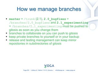 How we manage branches master  =  /trunk  (2.1),  2.0_bugfixes  =  /branches/2.0_bugfixes  and  2.1_experimenting  =  /branches/2.1_experimenting   must be pushed to gitosis as soon as you change them branches to collaborate on you can push to gitosis keep private branches to yourself or in your backup release and testing management can keep mirror repositories in subdirectories of gitosis 
