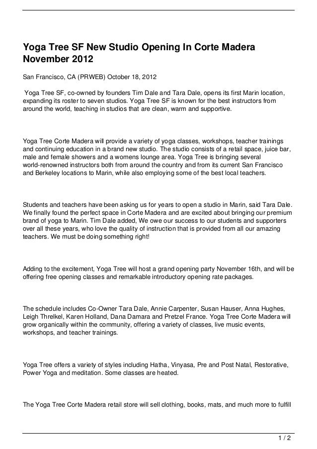 Yoga Tree Sf New Studio Opening In Corte Madera November 2012