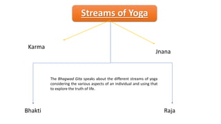 Streams of Yoga
Karma
Jnana
Bhakti Raja
The Bhagwad Gita speaks about the different streams of yoga
considering the various aspects of an individual and using that
to explore the truth of life.
 