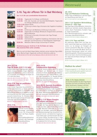 Westerwald




                                                                                                                                                                 September/Okt. 2012
                   3.10. Tag der offenen Tür in Bad Meinberg                                                 28.-30.9.
                                                                                                             Yoga und Meditation Einführung
                   Von 11-21 Uhr zum unverbindlichen Kennenlernen                                            Erfahre Yoga und Meditation in all ihren Aspek-
                                                                                                             ten. Beschreibung siehe Seite 10.
                   11.00 Uhr   Yogastunden für Anfänger und Mittelstufe                                      MZ 117 €; DZ 146 €; EZ 176 €; Z/Womo 94 €
                   11.30 Uhr   Infos über Ayurveda und Ayurveda-Wohlfühlpakete; Yogastunden
                               für Anfänger, Mittelstufe und Kinder                                          28.9.-7.10. Yogalehrer Weiterbildung
                   12.30-13.30 Vollwert-Buffet                                                               Intensiv D – Raja Yoga
                   14.00 Uhr Einführung ins Hatha-Yoga; Information über Yogalehrer-Ausbildun-               Raja Yoga (Yoga Sutras), Meditation, Unterrichts-
                               gen                                                                           didaktik und -techniken, Sanskrit, Asana-Varia-
                   14.30 Uhr Einführung in die Meditation; Einführung ins Ayurveda -                         tionen, Shank Prakshalama, Kundalini Yoga.
                   16.00 Uhr Yogastunden für Anfänger, Mittelstufe, Fortgeschrittene und Kinder;             SL: Swami Saradananda.
                               Mantra-Workshop                                                               Bitte Weiterbilungsbroschüre anfordern oder
                   16.30 Uhr Einführung ins Ayurveda; Information über Yoga-Therapie                         www.yoga-vidya.de/weiterbildung
                   17.30 Uhr Vollwert-Buffet                                                                 MZ 625 €; DZ 755 €; EZ 890 €; Z/Womo 521 €
                   18.30 Uhr Informationen zur Yogalehrer-Ausbildung; Informationen über Aus-
                               bildungen und Informationen zur Psychologischen Yogatherapie                  30.9.-3.10. Yoga und Reiki
                   20.00 Uhr Meditation, Mantra-Singen, Kurzvortrag mit Tombola.                             Wir praktizieren täglich Reiki und Yoga, tau-
                                                                                                             schen unsere Erfahrungen aus, vertiefen und er-
                   Kinderbetreuung von 10.30 bis 21 Uhr für Kinder ab 3 Jahre.                               weitern sie. So erlangen wir Festigkeit auf
                   Alles kostenlos! Bitte vorher anmelden.                                                   unserem persönlichen Weg. Reiki und Yoga er-
                                                                                                             gänzen sich auf wundervolle Weise. Durch ge-
                   Wenn du noch eine Nacht länger bleiben möchtest und am nächsten Tag an Medi-              genseitige Anwendungen stärken wir unsere
                   tation, Mantra-Singen, Yogastunde und Brunch teilnimmst, zahlst du:                       Selbstheilungskräfte. Teilnahmevoraussetzung:
                   MZ 45€, DZ 60 €, EZ 75 €, S/Z 34. Nur Meditation: MZ 23 €, DZ 30 €, EZ 37, S/Z 17 €       Reiki mind. Stufe I, Stufe bei Anmeldung ange-
                                                                                                             ben, Kopie des Zertifikats mitbringen. SL: Deva-
                                                                                                             priya Eschler.
                                                                                                             MZ 201 €; DZ 245 €; EZ 290 €; Z/Womo 167 €



30.9.-5./7.10.                                            30.9.-14.10.                                       Wußtest du schon?
Yoga für Kinder 3-6 / 7-12 Jahre                          Fastenkursleiter Ausbildung
Gerade Kindern macht Yoga besonders viel Spaß!            Werde als Fastenkursleiter aktiv! Du kannst        Entspannungsgesetz 2: Ein Muskel, der mind.
Spielen, kreatives Gestalten, Singen, Abenteuer,          Fastenkuren am Wohnort oder im Urlaub              10 Sek. lang bewußt passive gedehnt wird, ent-
Yogastunden, Meditation, s. Seite 12. Für Kinder          anbieten, mit Ärzten, Kurkliniken oder Wellness-   spannt anschließend sehr gründlich.
von 3-6 Jahre SL: Anne Wuchold. Für Kinder von            hotels kooperieren u.a. 1. Woche Theorie, 2. Wo-
7-12 Jahre Nina Raem.                                     che Praxis Fastenwoche. SL: Sharada Steffens.
30.9.-5.10.: MZ 157 €; DZ 193 €; S/Z 111 €                Bitte Ausbildungsbroschüre anfordern oder
30.9.-7.10.: MZ 232 €; DZ 283 €; S/Z 168 €                www.yoga-vidya.de/ausbildung                        30.9.-3.10. Asana intensiv
                                                          MZ 1079 €; DZ 1282 €; EZ 1492 €; S/Z 918 €          Ein Durchbrucherlebnis für deine Yoga-Praxis!
30.9.-7.10. Yoga bei psychischen                                                                              Techniken und Tricks zur Erhöhung von Flexi-
Problemen (YLWB)                                          30.9.-28.10. Ayurveda Gesundheits-                  bilität, Koordination, Ausdauer und Kraft.
Lerne, mittels Yoga deine Kursteilnehmer zu               berater Ausbildung Intensivkurs                     MZ 170 €; DZ 213 €; EZ 258 €; Z/Womo 135 €
tieferer Selbsterkenntnis zu führen und ihnen             Ganzheitliche Ausbildung in allen Aspekten des
Zugang zu innerer Kraft zu verschaffen. Diese             Ayurveda in Theorie und Praxis. SL: Janajanmadi
Weiterbildung richtet sich an Yogalehrer mit Un-          Das Wloka. Bitte Ausbildungsbroschüre anfor-
terrichtserfahrung ohne tiefere psychothera-              dern oder www.yoga-vidya.de/ausbildung
peutische Vorkenntnisse. SL: Shivakami Bretz.             MZ 2302 €; DZ 2708 €; EZ 3128 €; S/Z 1.980 €
Bitte Weiterbilungsbroschüre anfordern oder
www.yoga-vidya.de/weiterbildung                                5.-7.10. Körper-Energien
MZ 491 €; DZ 592 €; EZ 697 €; S/Z 410 €                   wahrnehmen und nutzen
                                                          Viele Yoga Praktizierende erfahren die heilsamen
30.9.-7.10.                                               Wirkungen des Yoga und der Meditation und
Ganzkörpermassage Ausbildung                              erleben, wie diese uralte indische Wissenschaft
                      Lerne die intuitive Ganzkör-        für jeden Menschen anwendbar ist. Du lernst
                      permassage systematisch             anhand von Vorträgen, praktischen Beispielen
                      kennen. Der Schwerpunkt             und Meditationsübungen das menschliche Ener-
                      liegt in der Praxis. Angelika       giesystem kennen und bekommst Zugang zu
                      Fischer.                            neuen Erfahrungen und Erkenntnissen über dich
                      Bitte Ausbildungsbroschüre          und deinen Körper. Grundkenntnisse in Yoga
                      anfordern oder www.yoga-            und Meditation hilfreich aber nicht Bedingung.
                      vidya.de/ausbildung                 SL: Gudakesha Prof. Dr. Kurt Becker.
MZ 567 €; DZ 668 €; EZ 773 €; S/Z 486 €                   MZ 156 €; DZ 185 €; EZ 215 €; S/Z 133 €




Anmeldeformular s. letzte Seite. Telefonische Info und Anmeldung täglich 8-20 Uhr: BM 05234 / 87-0 · WW 02685 / 8002-0 · NO 04426 / 90416-10               75
 