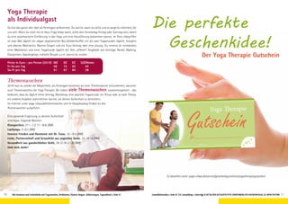 Anmeldeformulars.Seite45.Tel.Anmeldung+Infostägl.8-20UhrBM:05234/870;WW:02685/80020;NO:04426/9041610,AL:08361/925300 11AlleSeminareundAufenthaltemitYogastunden,Meditation,Mantra-Singen.Abkürzungen,Tagesablaufs.Seite47.10
Yoga Therapie
als Individualgast
Du bist das ganze Jahr über als Feriengast willkommen. Du kannst, wann du willst und so lange du möchtest, bei
uns sein. Wenn du noch nie im Haus Yoga Vidya warst, sollte dein Anreisetag Freitag oder Sonntag sein, damit
du eine systematische Einführung in das Yoga und eine Hausführung bekommen kannst. Im Preis inbegriffen
ist zwei Mal täglich ein vegan-vegetarisches Bio-Vollwertbuffet, ein bis zwei Yogastunden täglich, morgens
und abends Meditation, Mantra-Singen und ein Kurz-Vortrag oder eine Lesung. Du nimmst an mindestens
einer Meditation und einer Yogastunde täglich teil. Alle „offenen“ Angebote wie Vorträge, Nordic Walking,
Klangreisen, Spaziergänge, indische Rituale u.v.m. kannst du nutzen.
Preise in Euro - pro Person (2019)	 MZ 	 DZ 	 EZ 	 S/Z/Womo
Fr-So pro Tag 	 58 	 74 	 92 		 45
So-Fr pro Tag 	 51 	 67 	 84 		 38
Themenwochen
2019 hast du wieder die Möglichkeit, als Feriengast kostenlos an einer Themenwoche teilzunehmen, darunter
auch Themenwochen der Yoga Therapie. Wir haben viele Themenwochen zusammengestellt – das
bedeutet, dass du täglich einen Vortrag, Workshop, eine spezielle Yogastunde, ein Ritual oder je nach Thema,
ein anderes Angebot wahrnehmen kannst, um deinen Aufenthalt zu bereichern.
Im Internet unter yoga-vidya.de/themenwoche und im Hauptkatalog findest du alle
Themenwochen aufgeführt.
Eine passende Ergänzung zu deinem Aufenthalt
sind bspw. folgende Wochen:
Klangwelten, 27.1.-1.2, 11.-16.8. (BM)
Lachyoga, 3.-8.3. (BM)
Inneren Frieden und Harmonie mit Dr. Tanu, 14.-19.4. (BM)
Liebe, Partnerschaft und Sexualität aus yogischer Sicht, 13.-18.10. (BM)
Gesundheit aus ganzheitlicher Sicht, 29.12.19-3.1.20 (BM)
Und viele mehr!
Yoga Therapie
Gutscheinfür
G5 Nr.: ................................... Ausgestellt von .................................................... Datum.................................
Die perfekte
Geschenkidee!
Der Yoga Therapie Gutschein
Zu bestellen unter: yoga-vidya.de/service/geschenkgutschein/yogatherapiegutschein
 