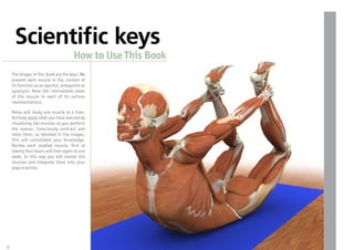 Scientiﬁc keys
                                      How to Use This Book
    The images in this book are the keys. We
    present each muscle in the context of
    its function as an agonist, antagonist or
    synergist. Note the interrelated views
    of the muscle in each of its various
    representations.

    Relax and study one muscle at a time.
    Actively apply what you have learned by
    visualizing the muscles as you perform
    the asanas. Consciously contract and
    relax them, as detailed in the images.
    This will consolidate your knowledge.
    Review each studied muscle, rst at
    twenty four hours and then again at one
    week. In this way you will master the
    muscles and integrate them into your
    yoga practice.




6
 