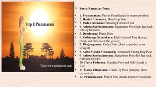  Surya Namaskar Poses
• 1. Pranamasana: Prayer Pose (hands in prayer position)
• 2. Hasta Uttanasana: Hands Up Pose
• 3. Pada Hastasana: Standing Forward Fold
• 4. Ashwa Sanchalanasana: Equestrian Pose(right leg back,
left leg forward)
• 5. Dandasana: Plank Pose
• 6. Sashtanga Namaskara: Eight-Limbed Pose (knees,
chest, and chin touch the ground)
• 7. Bhujangasana: Cobra Pose (chest expanded, arms
straight)
• 8. Adho Mukha Svanasana: Downward-Facing Dog Pose
• 9. Ashwa Sanchalanasana: Equestrian Pose (left leg back,
right leg forward)
• 10. Hasta Padasana: Standing Forward Fold (hands to
feet)
• 11. Hasta Uttanasana: Hands Up Pose (arms up, chest
expanded)
• 12. Pranamasana: Prayer Pose (hands in prayer position)
 