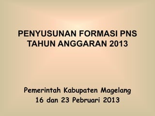 PENYUSUNAN FORMASI PNS
  TAHUN ANGGARAN 2013




 Pemerintah Kabupaten Magelang
    16 dan 23 Pebruari 2013
 