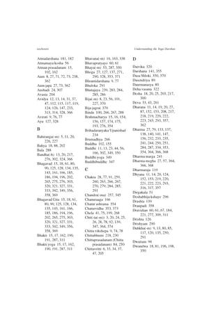 ccclxxxiv Understanding the Yoga Darshan
Atmadarshana 181, 182
Atmamaya kosha 56
Atman prasadanam 15,
102, 162
Aum 8, 27, 71, 72, 73, 238,
362
Aum japa 27, 73, 362
Aushadi 24, 307
Avasta 204
Avidya 12, 13, 14, 31, 37,
47, 112, 115, 117, 119,
124, 126, 147, 233,
313, 314, 328, 366
Avirati 9, 76, 77
Ayu 127, 328
B
Bahiranga(-m) 5, 11, 20,
226, 227
Bahya 18, 88, 202
Bala 288
Bandha(-h) 13, 20, 217,
276, 302, 324, 366
Bhagavad 15, 18, 61, 80,
90, 125, 128, 134, 135,
143, 161, 166, 185,
186, 194, 196, 202,
265, 275, 276, 303,
320, 321, 327, 331,
333, 342, 349, 356,
358, 369
Bhagavad Gita 15, 18, 61,
80, 90, 125, 128, 134,
135, 143, 161, 166,
185, 186, 194, 196,
202, 265, 275, 303,
320, 321, 327, 331,
333, 342, 349, 356,
358, 369
Bhakti 15, 17, 162, 190,
191, 287, 311
Bhakti yoga 15, 17, 162,
190, 191, 287, 311
Bhavana(-m) 16, 163, 338
Bhavapratyayo 60, 61
Bhaya(-m) 53, 287, 350
Bhoga 27, 127, 137, 271,
290, 328, 353, 371
Bhrantidarshana 9, 77
Bhuloka 291
Bhutajaya 239, 283, 284,
285, 286
Bija(-m) 8, 23, 56, 101,
227, 370
Bija jagrat 370
Bindu 100, 266, 267, 288
Brahmacharya 15, 16, 154,
156, 157, 174, 175,
193, 276, 354
Brihadaranyaka Upanishad
234
Brumadhya 266
Buddha 102, 155
Buddhi 11, 13, 23, 44, 56,
166, 302, 349, 350
Buddhi yoga 349
Buddhibuddhe 347
C
Chakra 28, 77, 91, 259,
260, 263, 266, 267,
270, 279, 284, 285,
291
Chandra(-ma) 257, 345
Chanuraaga 166
Chatur ashrama 354
Chaturvidha 353, 373
Chela 41, 75, 199, 268
Chit(-ta(-m)) 3, 20, 24, 25,
26, 28, 78, 92, 139,
347, 364, 374
Chitta vikshepa 9, 74, 78
Chittabhumi 218, 230
Chittaprasadanam (Chitta
prasadanam) 84, 250
Chittavritti 6, 33, 34, 37,
47, 205
D
Daivika 320
Darshana 141, 355
Dasa Shloki 350, 370
Dasendriya 89
Daurmanasya 80
Deha vasana 322
Desha 18, 20, 25, 203, 217,
300
Deva 33, 43, 261
Dharana 11, 14, 19, 20, 27,
87, 152, 153, 208, 217,
218, 219, 220, 222,
223, 243, 293, 357,
362
Dharma 27, 79, 133, 137,
138, 140, 141, 147,
156, 232, 233, 235,
241, 244, 250, 251,
284, 287, 334, 353,
354, 364, 366, 368
Dharma marga 241
Dharma megha 27, 57, 364,
366, 368
Dharmaraja 119
Dhyana 11, 14, 20, 124,
152, 153, 219, 220,
221, 222, 223, 293,
316, 317, 357
Dirgakala 51
Doshabhija kshaye 296
Drashta 139
Draupadi 358
Dravidian 60, 61, 67, 184,
221, 277, 309, 311
Drishta 126
Drishyam 290
Duhkha(-m) 9, 13, 80, 85,
117, 120, 135, 250,
291
Dwaitam 96
Dwandwa 18, 81, 196, 198,
350
 