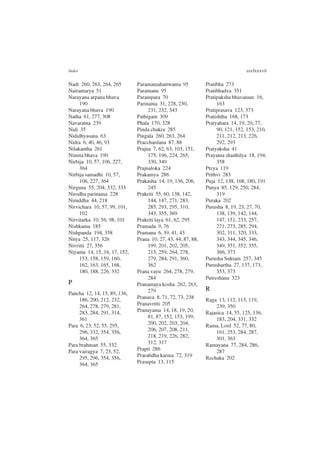 Index ccclxxxvii
Nadi 260, 263, 264, 265
Nairantarya 51
Narayana arpana bhava
190
Narayana bhava 190
Natha 61, 277, 308
Navaratna 239
Nidi 35
Nididhyasana 63
Nidra 6, 40, 46, 93
Nilakantha 261
Nimita bhava 190
Nirbija 10, 57, 106, 227,
364
Nirbija samadhi 10, 57,
106, 227, 364
Nirguna 55, 204, 332, 333
Nirodha parinama 228
Niruddha 44, 218
Nirvichara 10, 57, 99, 101,
102
Nirvitarka 10, 56, 98, 101
Nishkama 185
Nishpanda 194, 358
Nitya 25, 117, 326
Nivritti 27, 356
Niyama 14, 15, 16, 17, 152,
153, 158, 159, 160,
162, 163, 165, 168,
180, 188, 226, 332
P
Pancha 12, 14, 15, 89, 136,
186, 200, 212, 232,
264, 278, 279, 281,
283, 284, 291, 314,
361
Para 6, 23, 52, 55, 295,
296, 332, 354, 356,
364, 365
Para brahman 55, 332
Para vairagya 7, 23, 52,
295, 296, 354, 356,
364, 365
Paramamahattwanta 95
Paramanu 95
Parampara 70
Parinama 31, 228, 230,
231, 232, 343
Pathigam 309
Phala 170, 328
Pinda chakra 285
Pingala 260, 263, 264
Pracchardana 87, 88
Prajna 7, 62, 63, 103, 151,
175, 196, 224, 265,
330, 349
Prajnaloka 224
Prakamya 286
Prakasha 14, 19, 136, 206,
245
Prakriti 55, 60, 138, 142,
144, 147, 271, 283,
285, 293, 295, 310,
343, 355, 369
Prakriti laya 61, 62, 295
Pramada 9, 76
Pramana 6, 39, 41, 43
Prana 10, 27, 43, 44, 87, 88,
199, 201, 202, 205,
213, 259, 264, 278,
279, 284, 291, 360,
362
Prana vayu 264, 278, 279,
284
Pranamaya kosha 262, 263,
279
Pranava 8, 71, 72, 73, 238
Pranavritti 205
Pranayama 14, 18, 19, 20,
81, 87, 152, 153, 199,
200, 202, 203, 204,
206, 207, 208, 211,
218, 219, 226, 282,
312, 317
Prapti 286
Prarabdha karma 72, 319
Prasupta 13, 115
Pratibha 273
Pratibhadva 351
Pratipaksha bhavanam 16,
163
Pratiprasava 123, 373
Pratishtha 168, 173
Pratyahara 14, 19, 20, 77,
90, 121, 152, 153, 210,
211, 212, 213, 226,
292, 293
Pratyaksha 41
Prayatna shaithilya 18, 194,
358
Preya 119
Prithvi 283
Puja 12, 138, 168, 180, 191
Punya 85, 129, 250, 284,
319
Puraka 202
Purusha 8, 19, 23, 27, 70,
138, 139, 142, 144,
147, 151, 233, 257,
271, 273, 285, 294,
302, 311, 320, 333,
343, 344, 345, 346,
349, 351, 352, 355,
366, 373
Purusha Suktam 257, 345
Purushartha 27, 137, 173,
353, 373
Putreshana 323
R
Raga 13, 112, 113, 119,
239, 350
Rajasica 14, 55, 125, 136,
183, 204, 331, 332
Rama, Lord 52, 77, 80,
161, 253, 284, 287,
301, 363
Ramayana 77, 284, 286,
287
Rechaka 202
 