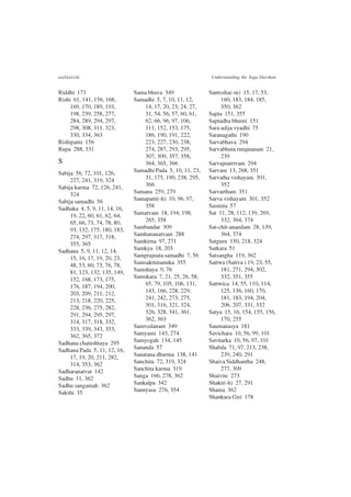 ccclxxxviii Understanding the Yoga Darshan
Riddhi 173
Rishi 61, 141, 156, 168,
169, 170, 189, 193,
198, 239, 258, 277,
284, 289, 294, 297,
298, 308, 311, 323,
330, 334, 363
Rishipatni 156
Rupa 288, 331
S
Sabija 56, 72, 101, 126,
227, 241, 319, 324
Sabija karma 72, 126, 241,
324
Sabija samadhi 56
Sadhaka 4, 5, 9, 11, 14, 16,
19, 22, 60, 61, 62, 64,
65, 66, 73, 74, 78, 80,
93, 132, 175, 180, 183,
274, 297, 317, 318,
355, 365
Sadhana 5, 9, 11, 12, 14,
15, 16, 17, 19, 20, 23,
48, 53, 60, 73, 76, 78,
81, 123, 132, 135, 149,
152, 168, 173, 175,
176, 187, 194, 200,
203, 209, 211, 212,
213, 218, 220, 225,
228, 236, 275, 282,
291, 294, 295, 297,
314, 317, 318, 332,
333, 339, 343, 353,
362, 365, 372
Sadhana chatushtaya 295
Sadhana Pada 5, 11, 12, 16,
17, 19, 20, 211, 282,
314, 353, 362
Sadharanatvat 142
Sadhu 11, 362
Sadhu sangamah 362
Sakshi 35
Sama bhava 349
Samadhi 5, 7, 10, 11, 12,
14, 17, 20, 23, 24, 27,
31, 54, 56, 57, 60, 61,
62, 66, 96, 97, 106,
111, 152, 153, 175,
186, 190, 191, 222,
223, 227, 230, 238,
274, 287, 293, 295,
307, 309, 357, 358,
364, 365, 366
Samadhi Pada 5, 10, 11, 23,
31, 175, 190, 238, 295,
366
Samana 259, 279
Samapatti(-h) 10, 96, 97,
358
Samatvam 18, 194, 198,
265, 358
Sambandar 309
Samhananatvani 288
Samkirna 97, 271
Samkya 18, 203
Samprajnata samadhi 7, 56
Samsakttinamika 355
Samshaya 9, 76
Samskara 7, 21, 25, 26, 58,
65, 79, 105, 106, 131,
143, 166, 228, 229,
241, 242, 273, 275,
301, 316, 321, 324,
326, 328, 341, 361,
362, 363
Samvedanam 349
Samyami 143, 274
Samyogah 134, 145
Sananda 57
Sanatana dharma 138, 141
Sanchita 72, 319, 324
Sanchita karma 319
Sanga 166, 278, 362
Sankalpa 342
Sannyasa 276, 354
Santosha(-m) 15, 17, 53,
160, 183, 184, 185,
350, 362
Sapta 151, 355
Saptadha bhumi 151
Sara adija vyadhi 75
Saranagathi 190
Sarvabhava 294
Sarvabhuta rutajnanam 21,
239
Sarvajnatrtvam 294
Sarvam 13, 268, 351
Sarvatha vishayam 301,
352
Sarvartham 351
Sarva vishayam 301, 352
Sasmita 57
Sat 11, 28, 112, 139, 269,
332, 364, 374
Sat-chit-anandam 28, 139,
364, 374
Satguru 150, 218, 324
Satkara 51
Satsangha 119, 362
Sattwa (Sattva ) 19, 23, 55,
181, 271, 294, 302,
332, 351, 355
Sattwica 14, 55, 110, 114,
125, 136, 160, 170,
181, 183, 194, 204,
206, 207, 331, 332
Satya 15, 16, 154, 155, 156,
170, 255
Saumanasya 181
Savichara 10, 56, 99, 101
Savitarka 10, 56, 97, 101
Shabda 71, 97, 213, 238,
239, 240, 291
Shaiva Siddhantha 248,
277, 309
Shaivite 273
Shakti(-h) 27, 291
Shama 362
Shankara Giri 178
 