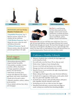 | 101
	Sarvangasana	 Page 62 	 sirsasana 	 Page 66 Adho Mukha Virasana	 Page 72
4 5
Cultivate a Healthy Lifestyle
▪	 Maintain a headache diary to identify the food triggers and
avoid eating those foods.
▪	 Eat small meals, every four hours. Do not skip any meal.
▪	 Drink at least 15 glasses of water during the day.
▪ Eat one or two fresh and ripe banana every morning.
▪	 Massage your head, neck and shoulders twice a week.
▪	 Sleep for 8 hours is very essential in the night; sleep deprivation
can trigger an attack.
▪ Reduce taking refined sugar as they cause chromium deficiency.
▪	 Eat foods rich in magnesium: whole grains, cereals, pulses, dried
figs, nuts, green leafy vegetables, sesame seeds.
▪	 Eat foods rich in calcium: milk and milk products, dark green
leafy vegetables, broccoli, almonds, sesame seeds.
▪ Avoid going out in the sun, when you have the trigger.
▪ Disturbed mind will reduce serotonin levels and trigger an
attack, so keep your mind free from disturbing thoughts.
Pranayama with Crepe Bandage
Duration 15 minutes each
▪ Kapalabhati Pranayama Page 77.
Removes tensions, relaxes the eyes,
refreshes the face and brain.
▪ Nadi Shodana Pranayama Page 79.
Relaxes the nerves, calms the mind
and balances hormones.
▪ Brahmari Pranayama Page 80.
Removes anxiety, calms the mind and
promotes good sleep in the night.
migraine and tension headache
Food triggers
Identify and Eliminate
▪ Monosodium glutamate (MSG),
vinegar, ketchup, hot pickles.
▪ Soya products, avocados, coconut,
cucumber, caffeine, chocolates.
▪ Oranges, grapefruits, pineapples,
lemons, over-ripe bananas.
▪ Stale bread, sour bread, pizza.
▪ Foods with added salt, blue cheese,
aged cheese, sour cream, tinned foods.
▪ Foods rich in fat and in calorie.
▪ Almonds, pistachios, walnuts, cashews,
pecans, peanuts.
▪ Excess alcohol, red wine, beer, sherry
and champagne.
▪
Jala Neti is a nasal cleansing
tool that cleans nasal and sinus
passages, removes excess mucous
and bacteria. It refreshes the brain,
face, eyes, improves mental clarity,
relieves nasal blocks, asthma,
allergies, sinusitis and headaches.
Instructions Fill a neti pot with luke warm salted water. Lean over a
sink, tilt your head sideways, insert the spout of the pot into a nostril.
Breathe freely through your mouth. The water flows through one nostril
and comes out through the other.Blow your nose, repeat through other
nostril. Use clean water to avoid infection. Excess salt and excess heat can
cause burning sensation. Practice neti twice or thrice a week.
6
 