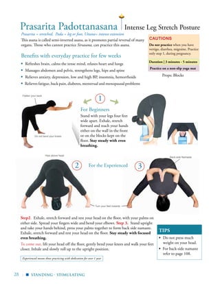 28 |
Practice on a non-slip yoga mat
Benefits with everyday practice for few weeks
▪	 Refreshes brain, calms the tense mind, relaxes heart and lungs
▪	 Massages abdomen and pelvis, strengthens legs, hips and spine
▪	 Relieves anxiety, depression, low and high BP, insomnia, hemorrhoids
▪ Relieves fatigue, back pain, diabetes, menstrual and menopausal problems
Prasarita = stretched, Pada = leg or foot, Uttana= intense extension
This asana is called semi-inverted asana, as it promotes partial reversal of many
organs. Those who cannot practice Sirsasana, can practice this asana.
Cautions
Do not practice when you have
vertigo, diarrhea, migraine. Practice
only step 1, during pregnancy.
Duration | 3 minutes - 5 minutes
TIPS
▪	 Do not press much
weight on your head.
▪ For back-side namaste
refer to page 108.
Intense Leg Stretch PosturePrasarita Padottanasana
Props: Blocks
Standing - stimulating▪
2
1
Hips above head
Do not bend your knees
Flatten your back
For the Experienced
Turn your feet inwards
Back-side Namaste
Step2. Exhale, stretch forward and rest your head on the floor, with your palms on
either side. Spread your fingers wide and bend your elbows. Step 3. Stand upright
and take your hands behind, press your palms together to form back side namaste.
Exhale, stretch forward and rest your head on the floor. Stay steady with focused
even breathing.
To come out, lift your head off the floor, gently bend your knees and walk your feet
closer. Inhale and slowly roll up to the upright position.
3
For Beginners
Stand with your legs four feet
wide apart. Exhale, stretch
forward and reach your hands
either on the wall in the front
or on the blocks kept on the
floor. Stay steady with even
breathing.
Experienced means those practicing with dedication for over 1 year
 