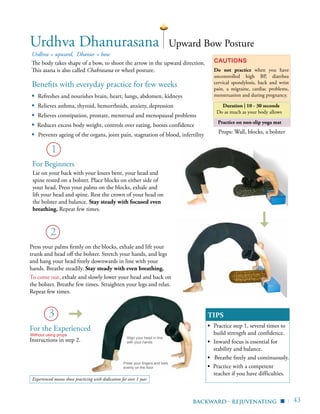| 43
Practice on non-slip yoga mat
Benefits with everyday practice for few weeks
▪	 Refreshes and nourishes brain, heart, lungs, abdomen, kidneys
▪	 Relieves asthma, thyroid, hemorrhoids, anxiety, depression
▪	 Relieves constipation, prostate, menstrual and menopausal problems
▪ Reduces excess body weight, controls over eating, boosts confidence
▪ Prevents ageing of the organs, joint pain, stagnation of blood, infertility
Urdhva = upward, Dhanur = bow
The body takes shape of a bow, to shoot the arrow in the upward direction.
This asana is also called Chakrasana or wheel posture.
Cautions
Do not practice when you have
uncontrolled high BP, diarrhea
cervical spondylosis, back and wrist
pain, a migraine, cardiac problems,
menstruation and during pregnancy.
Duration | 10 - 30 seconds
Do as much as your body allows
TIPS
▪	 Practice step 1, several times to
build strength and confidence.
▪	 Inward focus is essential for
stability and balance.
▪ Breathe freely and continuously.
▪ Practice with a competent
teacher if you have difficulties.
1
Urdhva Dhanurasana
2
3
Upward Bow Posture
Lie on your back with your knees bent, your head and
spine rested on a bolster. Place blocks on either side of
your head. Press your palms on the blocks, exhale and
lift your head and spine. Rest the crown of your head on
the bolster and balance. Stay steady with focused even
breathing. Repeat few times.
Props: Wall, blocks, a bolster
Press your fingers and toes
evenly on the floor
Align your head in line
with your hands
backward - rejuvenating
Instructions in step 2.
▪
For Beginners
For the Experienced
Press your palms firmly on the blocks, exhale and lift your
trunk and head off the bolster. Stretch your hands, and legs
and hang your head freely downwards in line with your
hands. Breathe steadily. Stay steady with even breathing.
To come out, exhale and slowly lower your head and back on
the bolster. Breathe few times. Straighten your legs and relax.
Repeat few times.
Without using props
Experienced means those practicing with dedication for over 1 year
 