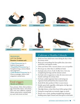 | 91
Supta Virasana 	 Page 33
	SARVANGASANA 	 Page 62
	 Dhanurasana 	 Page 38
	Supine Relaxation 	 Page 70
Pranayama
with Crepe Bandage
Duration 15 minutes each
▪ Ujjayi Pranayama Page 76.
Improves lung capacity.
▪ Kapalabhati Pranayama Page 77.
Strengthens lungs, removes blocks
and congestions.
▪ Nadi Shodana Pranayama Page 79.
Clears air passages, relieves chest
congestion, mental stress.
7
11 12
8 9
Food triggers
Identify and eliminate
Soya, peanuts, wheat, dairy products,
eggs, bread, blue cheese, citrus fruits,
jams, wine, beer, additives, artificial
colours, preservatives, canned foods,
soy sauce and certain sea food.
Cultivate a Healthy Lifestyle
▪	 Drink two litres salted warm water during the day to keep
the airways moist.
▪	 Keep your surroundings free from pollen dust, dust-mites
animal hair, and cigarette smoke.
▪	 Clean your home with a vacuum cleaner; use an air purifier.
▪	 Do not go out, when there is cold blast of wind.
▪	 Eat foods rich in Vit A, Vit B, Vit B6, Vit C, Vit E, for
strengthening the lungs and the immune system.
▪	 Eat foods rich in magnesium to relax the tense nerves and
muscles and keeps the airways clean.
▪	 Eat home cooked vegetarian food, avoid eating non
vegetarian food and food from the restaurant food.
▪	 Avoid all the dairy products if there is excess mucus.
▪	 Include, green leafy vegetables, whole grains, dry figs, nuts,
sunflower and pumpkin seeds.
▪	 Take light dinner, at least three hours before going to bed.
▪ Eating the wrong foods can instantly trigger an attack.
▪	 Practice once a week, standing strengthening, backward
bending asanas Supta Virasana and twists given in this book.
asthma and bronchitis ▪
	USHTRASANA	 Page 41
uRDHVA dHANURASANA PAGE 43
10
 