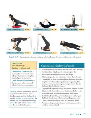| 99
	 viparita karani	 Page 61	Supta Pandangustasana	 Page 31
	Stretch and Flex 	 BELOW 	 Ardha Dhanurasana 	 Page 38
	Supine Relaxation 	 Page 70
	Supta Urdhva Padasana 	 Page 30
Steps 4, 5 , 7 Practice gently and repeat with your other leg. In steps 5, 7, rest your knees on a soft cushion.
7 8
11
9
12
Cultivate a Healthy Lifestyle
▪	 Sit down and drink two glasses of warm water, every morning.
▪	 Drink two litres (12 glasses) of water during the day.
▪	 Reduce your body weight if you are over weight.
▪	 Take two tbsps, aloe-vera juice mixed in four tbsps of water.
▪	 Drink herbal or green tea; avoid caffeine, black tea and coffee.
▪	 Eat plenty of yellow and orange fruits and vegetables, like
carrots, apricots, squash, mangoes, oranges, melon; they are
alkaline and antioxidant in nature.
▪	 Eat green leafy vegetables, celery and sprouts, they are alkaline.
▪ Alkaline foods dissolve deposits in the joints and relieve pain.
▪ Include flax seeds to reduce inflammation in the joints.
▪	 Avoid refined, fatty, fried, spicy foods; they are acidic, upset
the biorhythm, increase inflammation and aggravate pain.
▪	 Do not climb stairs till your knees are completely healed.
▪	 Practice standing strengthening and reclining asanas, when
your knee pain is reduced.
Pranayama
with Crepe Bandage
Duration 15 minutes each
▪ Kapalabhati Pranayama Page 77.
Improves bone and muscle mass,
reduces inflammation, strengthens
muscles ligaments and joints.
▪ Nadi Shodana Pranayama Page 79.
Reduces stress, calms your mind,
balances hormones, reduces pain.
knee pain ▪
10
Flax seed provides nourishment, reduces
and prevents inflammations, nerve
disorders, cancer and bad cholesterol. It
contains proteins, vitamins, minerals, that
nourish, fibre that stabilizes blood sugar,
lignans that fights cancer, omega-3 fatty
acid that boosts brain functions.
 