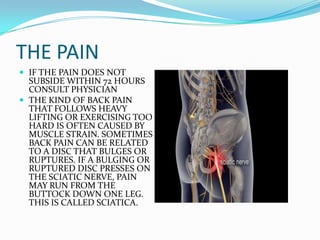 THE PAIN
 IF THE PAIN DOES NOT
  SUBSIDE WITHIN 72 HOURS
  CONSULT PHYSICIAN
 THE KIND OF BACK PAIN
  THAT FOLLOWS HEAVY
  LIFTING OR EXERCISING TOO
  HARD IS OFTEN CAUSED BY
  MUSCLE STRAIN. SOMETIMES
  BACK PAIN CAN BE RELATED
  TO A DISC THAT BULGES OR
  RUPTURES. IF A BULGING OR
  RUPTURED DISC PRESSES ON
  THE SCIATIC NERVE, PAIN
  MAY RUN FROM THE
  BUTTOCK DOWN ONE LEG.
  THIS IS CALLED SCIATICA.
 