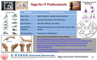 Yoga Instructor Presentation 18
Yoga for IT Professionals
• Some materials are provided for further reference:
• http://www.slideshare.net/trkcrm/yoga-tips-itworking-professionals
http://gocertify.in/articles/yoga-for-it-professionals-and-other-over-stressed-workers/
• http://yogaindailylife.blogspot.in/2007/06/tips-for-software-professionals.html
• http://www.yogacurious.com/blog/yoga-poses-for-it-information-technology-
professionals/2012/11/
• http://www.thehindubusinessline.com/info-tech/brahma-kumaris-to-teach-yoga-for-it-
professionals/article6571063.ece
Problems Solutions / Poses
Neck Pain Neck Rotation, Upside-down position
Back Pain Cat and Cow poses, Back bending,
Eye Problem Eye ball rotation, Eye wash,
Hand/Wrist
Problem
Shake hands/wrists, use alternate hands, take
breaks
Tension/Stress Pranayama / Meditation
 