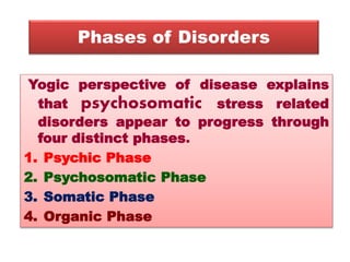 Phases of Disorders
Yogic perspective of disease explains
that psychosomatic stress related
disorders appear to progress through
four distinct phases.
1. Psychic Phase
2. Psychosomatic Phase
3. Somatic Phase
4. Organic Phase
 