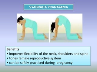VYAGRAHA PRANAYAMA
Benefits
• improves flexibility of the neck, shoulders and spine
• tones female reproductive system
• can be safely practiced during pregnancy
 