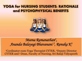 Meena Ramanathan1,
Ananda Balayogi Bhavanani 2, Renuka K3
1Cordinator-cum-Yoga Therapist CYTER, 2Deputy Director
CYTER and 3 Dean, Faculty of Nursing, Sri Balaji Vidyapeeth
 
