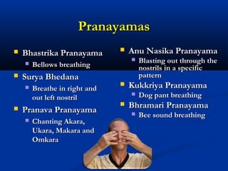 PranayamasPranayamas
 Bhastrika PranayamaBhastrika Pranayama
 Bellows breathingBellows breathing
 Surya BhedanaSurya Bhedana
 Breathe in right andBreathe in right and
out left nostrilout left nostril
 Pranava PranayamaPranava Pranayama
 Chanting Akara,Chanting Akara,
Ukara, Makara andUkara, Makara and
OmkaraOmkara
 Anu Nasika PranayamaAnu Nasika Pranayama
 Blasting out through theBlasting out through the
nostrils in a specificnostrils in a specific
patternpattern
 Kukkriya PranayamaKukkriya Pranayama
 Dog pant breathingDog pant breathing
 Bhramari PranayamaBhramari Pranayama
 Bee sound breathingBee sound breathing
 