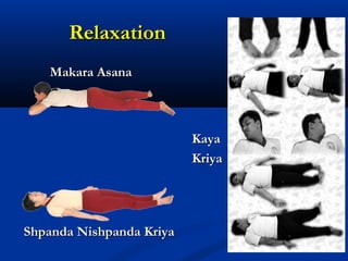 RelaxationRelaxation
Makara AsanaMakara Asana
Shpanda Nishpanda KriyaShpanda Nishpanda Kriya
KayaKaya
KriyaKriya
 