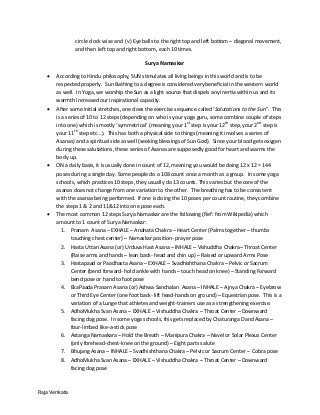 Raja Venkata
circle clock wise and (v) Eye balls to the right top and left bottom – diagonal movement,
and then left top and right bottom, each 10 times.
Surya Namaskar
 According to Hindu philosophy, SUN stimulates all living beings in this world and is to be
respected properly. Sun Bathing to a degree is considered very beneficial in the western world
as well. In Yoga, we worship the Sun as a light source that dispels any inertia within us and its
warmth increased our inspirational capacity.
 After some initial stretches, one does the exercise sequence called ‘Salutations to the Sun”. This
is a series of 10 to 12 steps (depending on who is your yoga guru, some combine couple of steps
into one) which is mostly ‘symmetrical’ (meaning your 1st
step is your 12th
step, your 2nd
step is
your 11th
step etc...). This has both a physical side to things (meaning it involves a series of
Asanas) and a spiritual side as well (seeking blessings of Sun God). Since your blood gets oxygen
during these salutations, these series of Asanas are supposedly good for heart and warms the
body up.
 ON a daily basis, it is usually done in count of 12, meaning you would be doing 12 x 12 = 144
poses during a single day. Some people do a 108 count once a month as a group. In some yoga
schools, which practices 10 steps, they usually do 13 counts. This varies but the core of the
asanas does not change from one variation to the other. The breathing has to be consistent
with the asanas being performed. If one is doing the 10 poses per count routine, they combine
the steps 1 & 2 and 11&12 into one pose each.
 The most common 12 steps Surya Namaskar are the following (Ref: from Wikipedia) which
amount to 1 count of Surya Namaskar:
1. Pranam Asana – EXHALE – Anahata Chakra – Heart Center (Palms together – thumbs
touching chest center) – Namaskar position- prayer pose
2. Hasta Uttan Asana (or) Urduva Hast Asana – INHALE – Vishuddha Chakra– Throat Center
(Raise arms and hands – lean back- head and chin up) – Raised or upward Arms Pose
3. Hastapaad or Paadhasta Asana – EXHALE – Svadhishthana Chakra – Pelvic or Sacrum
Center (bend forward- hold ankle with hands – touch head on knee) – Standing Forward
bend pose or hand to foot pose
4. EkaPaada Prasarn Asana (or) Ashwa Sanchalan Asana – INHALE – Ajnya Chakra – Eyebrow
or Third Eye Center (one foot back- lift head-hands on ground) – Equestrian pose. This is a
variation of a Lunge that athletes and weight-trainers use as a strengthening exercise.
5. AdhoMukha Svan Asana – EXHALE – Vishuddha Chakra – Throat Center – Downward
facing dog pose. In some yoga schools, this gets replaced by Chaturanga Dand Asana –
four-limbed like-a-stick pose
6. Astanga Namaskara – Hold the Breath – Manipura Chakra – Navel or Solar Plexus Center
(only forehead-chest-knee on the ground) – Eight parts salute
7. Bhujang Asana – INHALE – Svadhishthana Chakra – Pelvic or Sacrum Center – Cobra pose
8. AdhoMukha Svan Asana – EXHALE – Vishuddha Chakra – Throat Center – Downward
facing dog pose
 